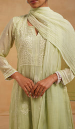 Load image into Gallery viewer, Women's Lakhnavi Handcrafted Mul Chanderi Chikankari Stitched Kurta, Dupatta And Pant Set - HONC0520644