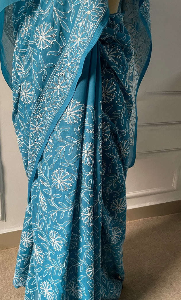 Fairoz Women's Lakhnavi Handcrafted Cotton Chikankari Saree - HONC0269064