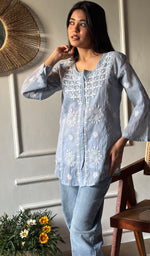Load image into Gallery viewer, Vaanya Women's Lakhnavi Handcrafted Mul Chanderi Chikankari Top - HONC0334148