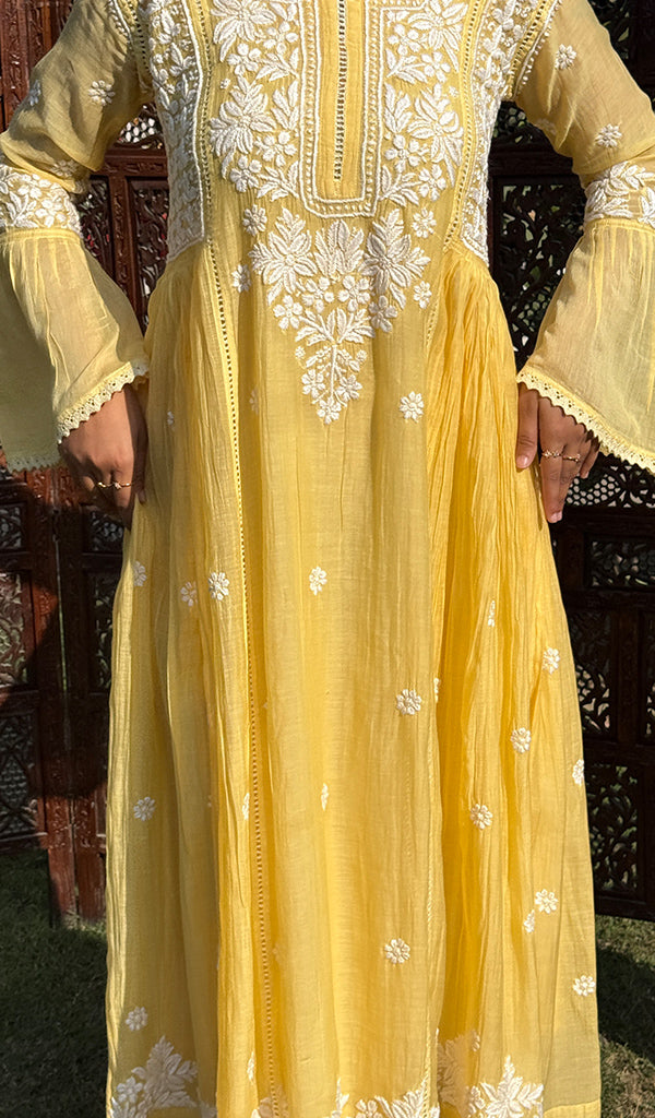 Fariah Women's Lucknowi Handcrafted Mul Chanderi Chikankari Kurti - HONC0264995