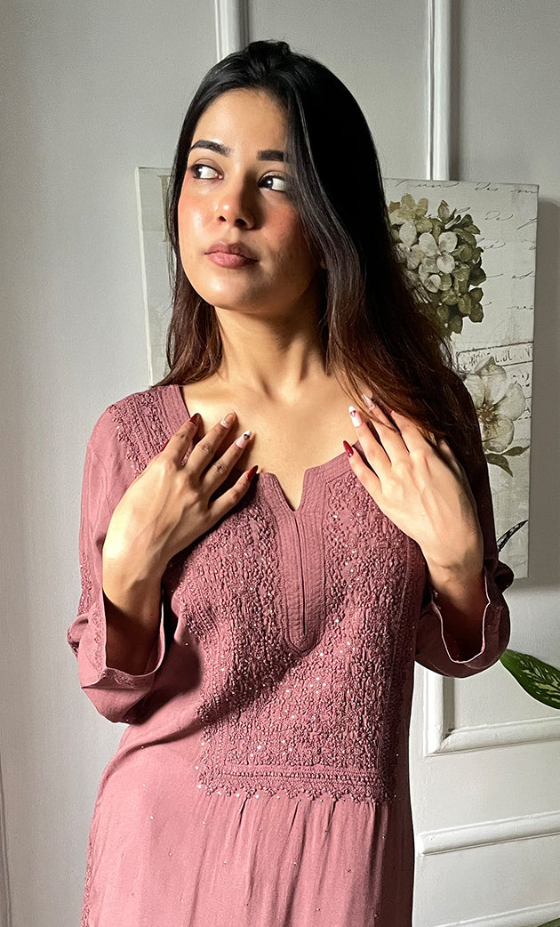 Women's Lucknowi Handcrafted Modal Cotton Chikankari Kurti - HONC0264965