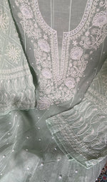Load image into Gallery viewer, Basma Women's Lucknowi Handcrafted Mul Chanderi Semi - stitched Chikankari Anarkali Full Set - HONC0355636