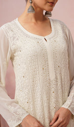 将图像加载到图库查看器中, Yusra Women's Lakhnavi Handcrafted Viscose Georgette Chikankari Kurti - HONC0541387