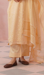 Load image into Gallery viewer, Women's Lakhnavi Handcrafted Mul Chanderi Chikankari Stitched Kurta, Dupatta And Pant Set - HONC0457995