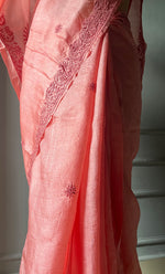 Load image into Gallery viewer, Women's Lakhnavi Handcrafted Tussar Silk Chikankari Saree - HONC0307372