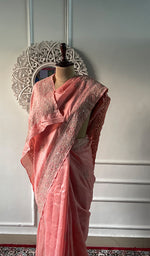 Load image into Gallery viewer, Women's Lakhnavi Handcrafted Tussar Silk Chikankari Saree - HONC0313448
