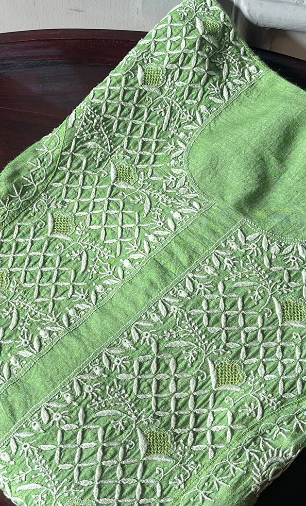 Women's Lakhnavi Handcrafted Munga Silk Chikankari Unstitched Kurti Fabric - HONC0270478