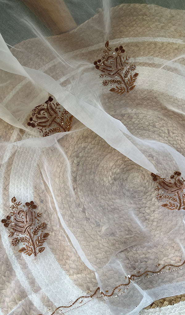 Women's Lucknowi Handcrafted Pure Organza Silk Chikankari SAREE - HONC0270079