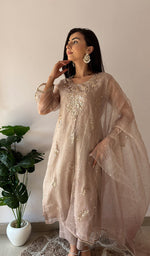 Load image into Gallery viewer, Women's Lucknowi Handcrafted Pure Organza Silk Stitched Chikankari Kurta, Dupatta With Pant Set- HONC0368443