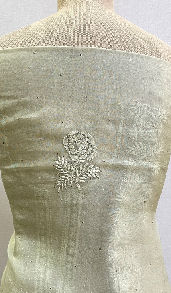 Rose Women's Lakhnavi Handcrafted Pure Organza Chikankari Unstitched Kurta And Dupatta Set- HONC0168389