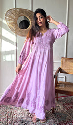 Load image into Gallery viewer, Women's Lucknowi Handcrafted Muslin Chikankari Anarkali Dress - HONC0149492
