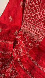 Load image into Gallery viewer, Women's Lakhnavi Handcrafted Mul Chanderi Chikankari Semi - Stitched Kurta Dupatta Set - HONC0235320