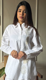 将图像加载到图库查看器中, Enayat Women's Lakhnavi Handcrafted Linen Cotton Oversized Chikankari Oversized Top And Pant Set - HONC02936780