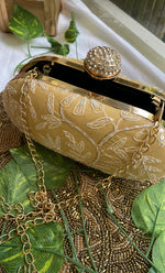 Load image into Gallery viewer, Golden Chikankari Embroidered Clutch with Stone Knob - HONC0263122