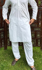 Load image into Gallery viewer, Men's Lucknowi Handcrafted Cotton Chikankari Kurta And Pant Set - HONC0289319