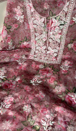 将图像加载到图库查看器中, Women's Lakhnavi Handcrafted Organza Chikankari Unstitched Kurta And Dupatta Set - HONC0268887