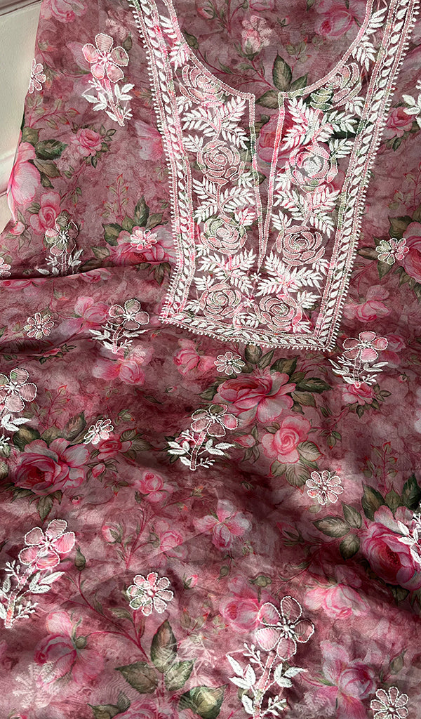 Women's Lakhnavi Handcrafted Organza Chikankari Unstitched Kurta And Dupatta Set - HONC0268887