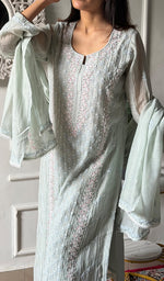 Load image into Gallery viewer, Saziya Women's Lakhnavi Handcrafted Mul Chanderi Chikankari Stitched Kurta, Dupatta And Pant Set - HONC0324263