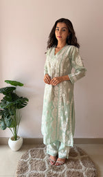 Load image into Gallery viewer, Women's Lucknowi Handcrafted Mul Chanderi Stitched Chikankari Kurta And Plazzo Set- HONC0378796