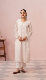 Load image into Gallery viewer, Saziya Women's Lakhnavi Handcrafted Mul Chanderi Chikankari Stitched Kurta, Dupatta And Pant Set - HONC01327945