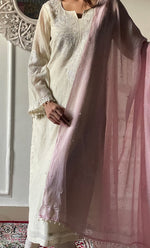 Load image into Gallery viewer, Women's Lakhnavi Handcrafted Mul Chanderi Chikankari Stitched Kurta, Dupatta And Pant Set - HONC0324259