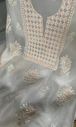 Load image into Gallery viewer, Women's Lakhnavi Handcrafted Pure Organza Chikankari Unstitched Kurta And Dupatta Set- HONC0304473