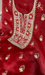 Load image into Gallery viewer, Women's Lakhnavi Handcrafted Pure Organza Chikankari Unstitched Kurta And Dupatta Set- HONC0335374