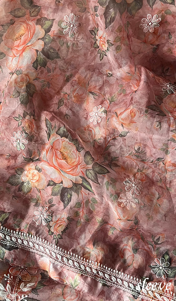 Women's Lakhnavi Handcrafted Organza Chikankari Unstitched Kurta And Dupatta Set - HONC0268888