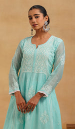Load image into Gallery viewer, Women's Lakhnavi Handcrafted Mul Chanderi Chikankari Stitched Kurta, Dupatta And Pant Set - HONC0824547