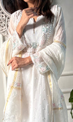 Load image into Gallery viewer, Women's Lakhnavi Handcrafted Mul Chanderi Chikankari Stitched Kurta, Dupatta And Pant Set - HONC0300859