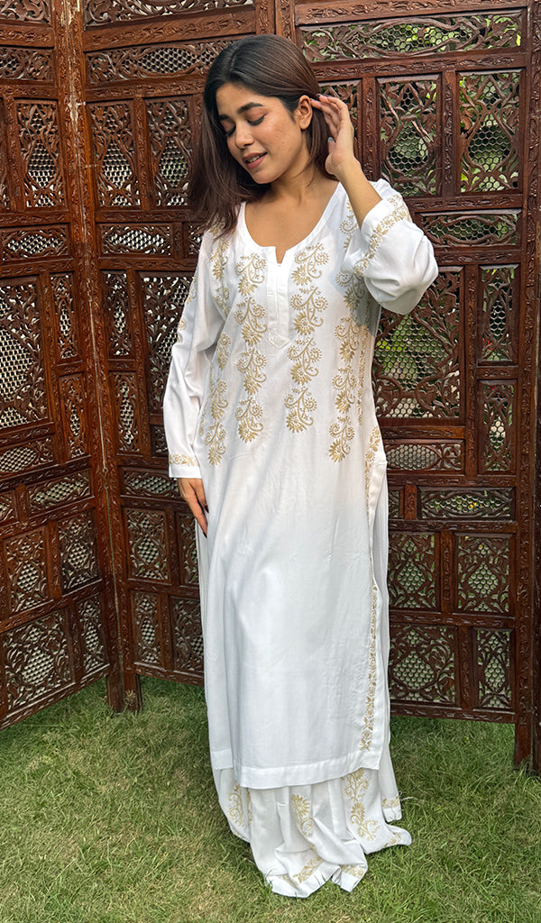 Zara Women's Lakhnavi Handcrafted Modal Cotton Chikankari Kurta And Skirt Set - HONC0251117