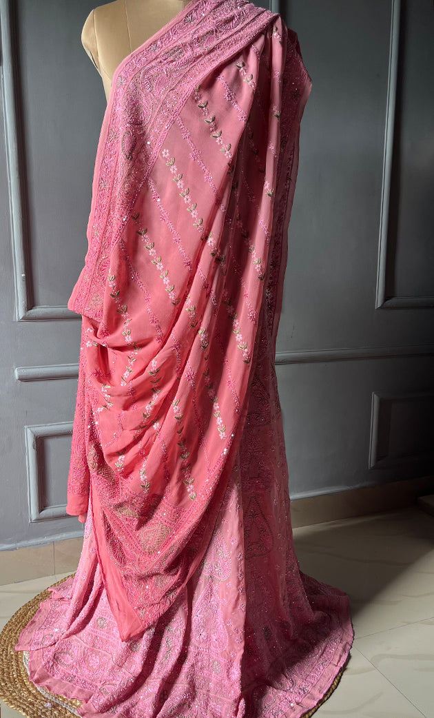 Women's Lakhnavi Handcrafted Bridal Pure Silk Georgette Chikankari Lehenga Set - HONC0269069