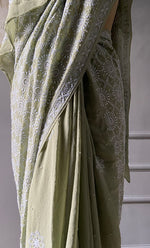 Load image into Gallery viewer, Women's Lakhnavi Handcrafted Pure Silk Georgette Chikankari Saree - HONC0284206