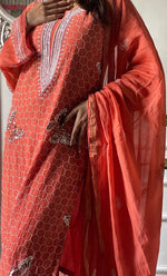 Load image into Gallery viewer, Women's Lakhnavi Handcrafted Mul Chanderi Chikankari Stitched Kurta, Dupatta And Pant Set - HONC0332155