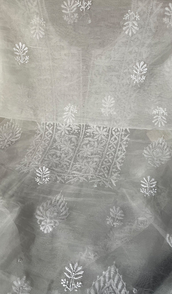 Women's Lakhnavi Handcrafted Organza Chikankari Unstitched Kurta And Dupatta Set- HONC0249868