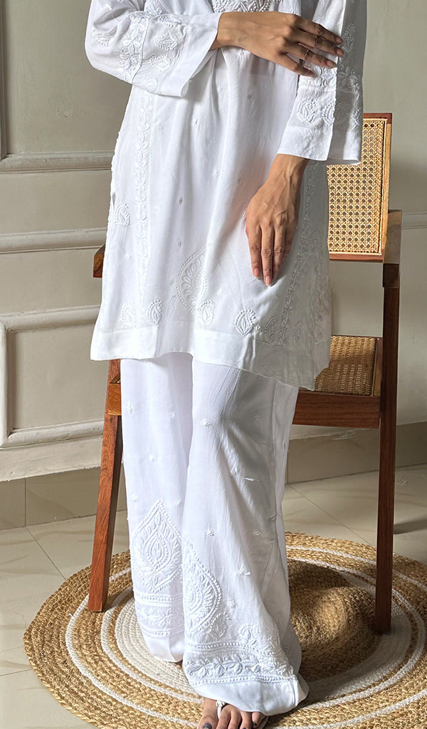 Women's Lakhnavi Handcrafted Modal Cotton Chikankari Top And Plazzo Set - HONC0290974