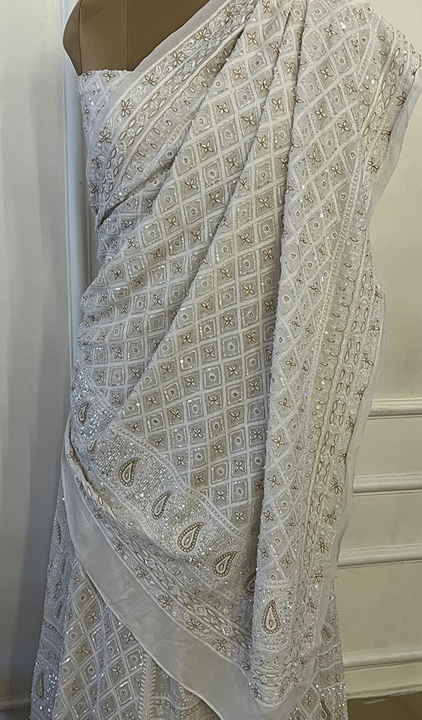 Women's Lakhnavi Handcrafted Bridal Pure Silk Georgette Chikankari Lehenga Set - HONC02690721