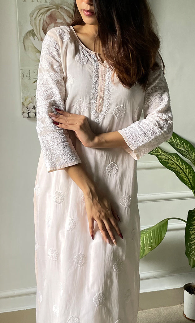 Women's Lucknowi Handcrafted Cotton Chikankari Long Kurti - HONC0303588