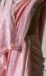 Load image into Gallery viewer, Women's Lakhnavi Handcrafted Pure Silk Georgette Chikankari Saree - HONC0285571