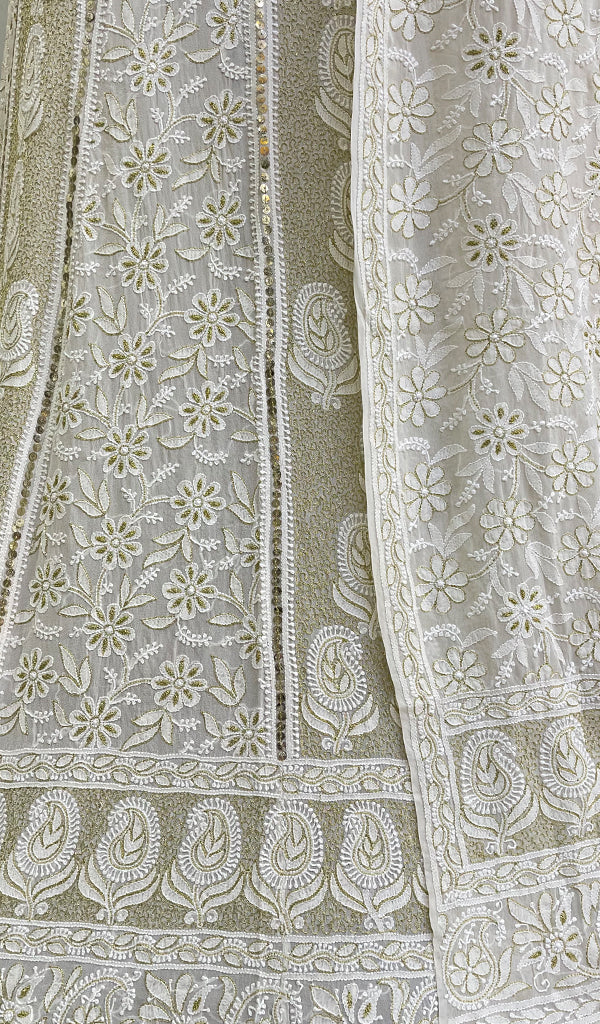 Women's Lakhnavi Handcrafted Bridal Pure Silk Georgette Chikankari Lehenga Set - HONC0155611