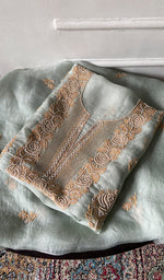 Load image into Gallery viewer, Women's Lakhnavi Handcrafted Pure Organza Chikankari Unstitched Kurta And Dupatta Set - HONC0352112