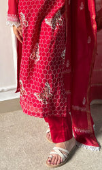 Load image into Gallery viewer, Women's Lakhnavi Handcrafted Mul Chanderi Chikankari Stitched Kurta, Dupatta And Pant Set - HONC0314455