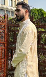 Load image into Gallery viewer, Men's Lucknowi Handcrafted Tissue Chanderi Chikankari Kurta - HONC0321236