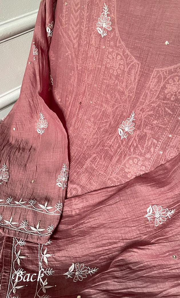 Women's Lakhnavi Handcrafted Mul Chanderi Semi -stitched Chikankari Full Suit Material - HONC0296115