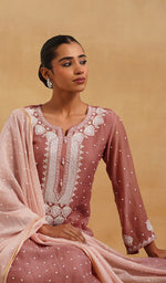 Load image into Gallery viewer, Jazba Women's Lakhnavi Handcrafted Mul Chanderi Chikankari Stitched Kurta, Dupatta And Pant Set - HONC0565945