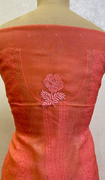 Load image into Gallery viewer, Rose Women's Lakhnavi Handcrafted Pure Organza Chikankari Unstitched Kurta And Dupatta Set- HONC0147620