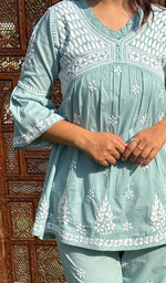 Load image into Gallery viewer, Rania Women's Lakhnavi Handcrafted Cotton Chikankari Short Kurta And Afghani pant Set - HONC0268683