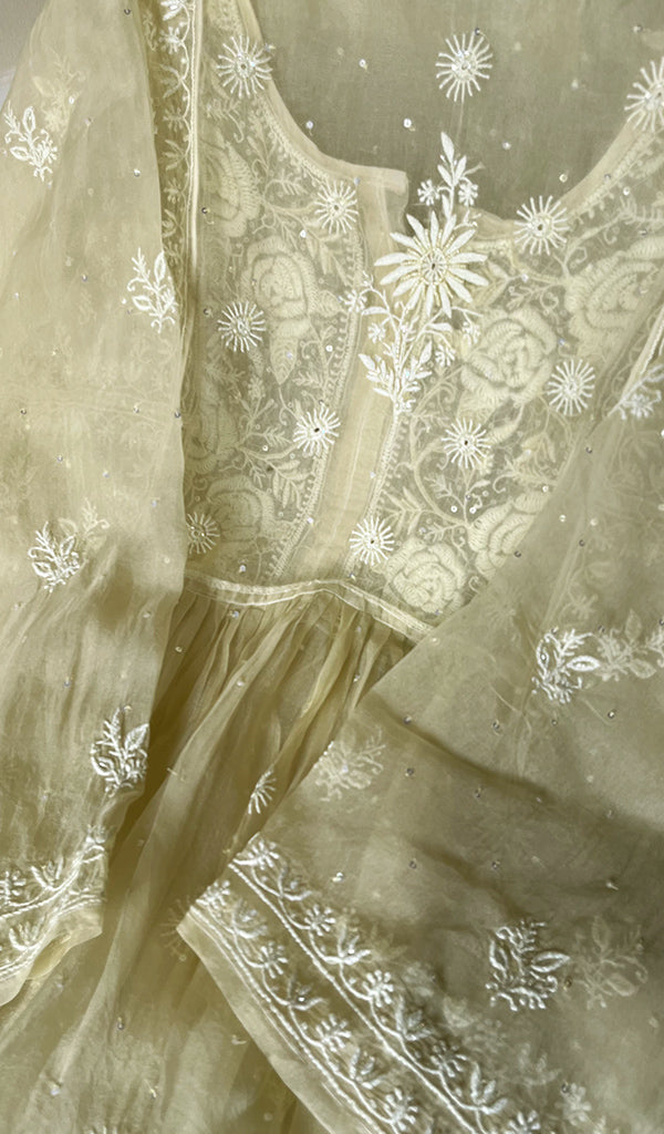 Women's Lakhnavi Handcrafted Pure Organza Chikankari Semi - Stitched Kurta And Dupatta Set- HONC0207085