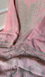 Load image into Gallery viewer, Women's Lakhnavi Handcrafted Mul Chanderi Chikankari Semi - Stitched Kurta Dupatta Set - HONC0232315