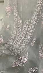 Load image into Gallery viewer, Women's Lakhnavi Handcrafted Pure Organza Chikankari Unstitched Kurta And Dupatta Set- HONC0335078